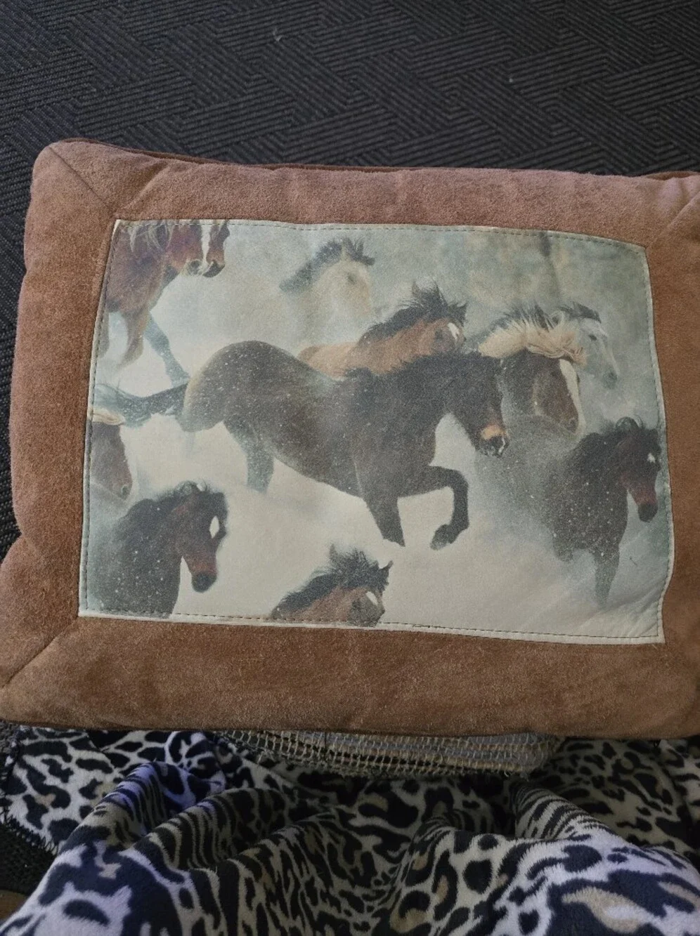 Rust Brown Horse Running On Snow Print Decorative Pillow Suede Material 22' X 18